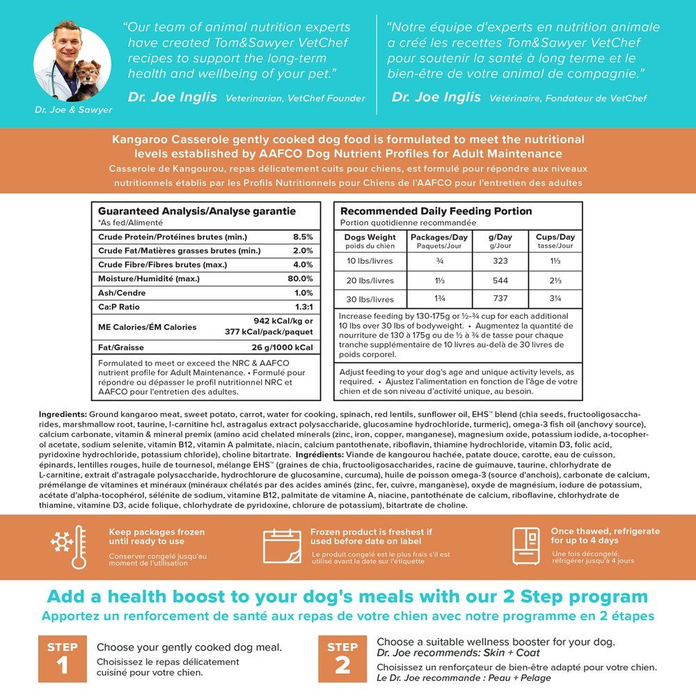 Tom&Sawyer VetChef's Kangaroo Casserole Gently-Cooked Frozen Meal for Dogs 272g