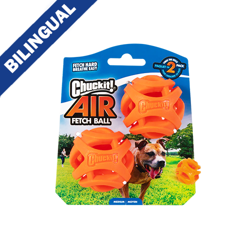 Chuckit! Air Fetch Ball Dog Toy, Medium, bright orange hollow ball shown on packaging with a dog in a grassy field.