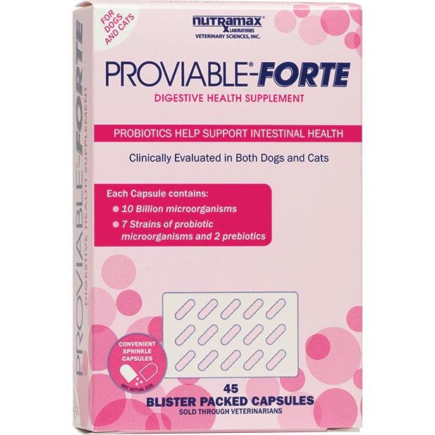 Nutramax Proviable Forte Paste & Capsules box, probiotic digestive health supplement for dogs and cats.