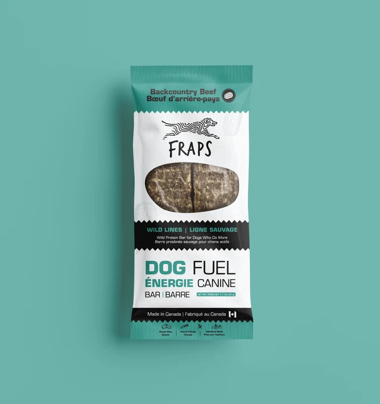 Fraps Backcountry Beef Breakable Dog Treat Bar packaging with DOG FUEL label