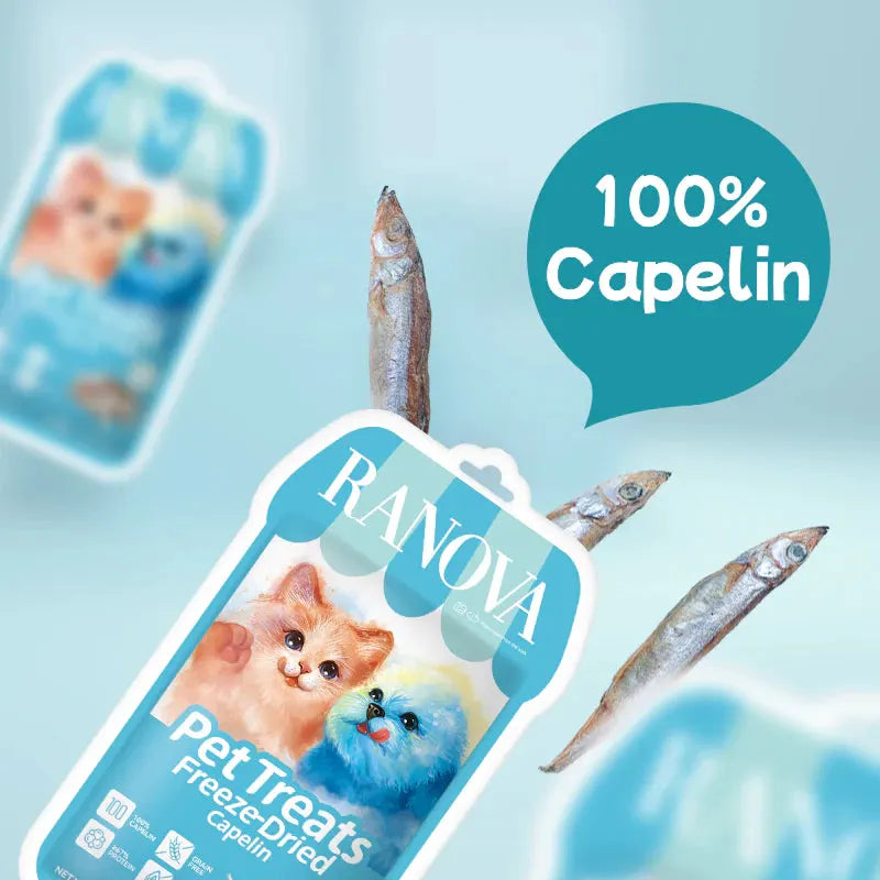 Ranova Freeze Dried Capelin for Dogs & Cats, 100% capelin pet treats in blue packaging.