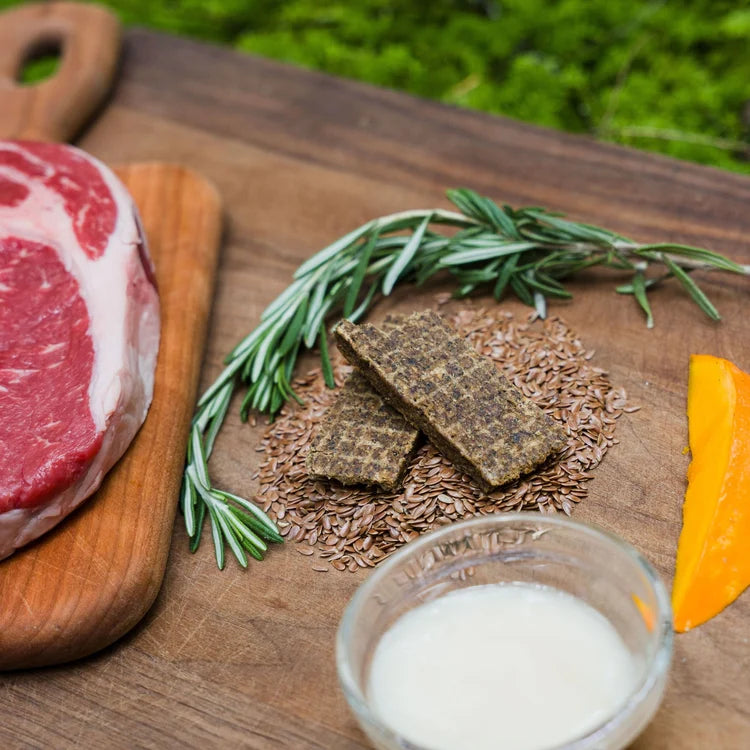 Fraps Backcountry Beef Breakable Dog Treat Bar ingredients: beef steak, rosemary, flax seeds, and milk.