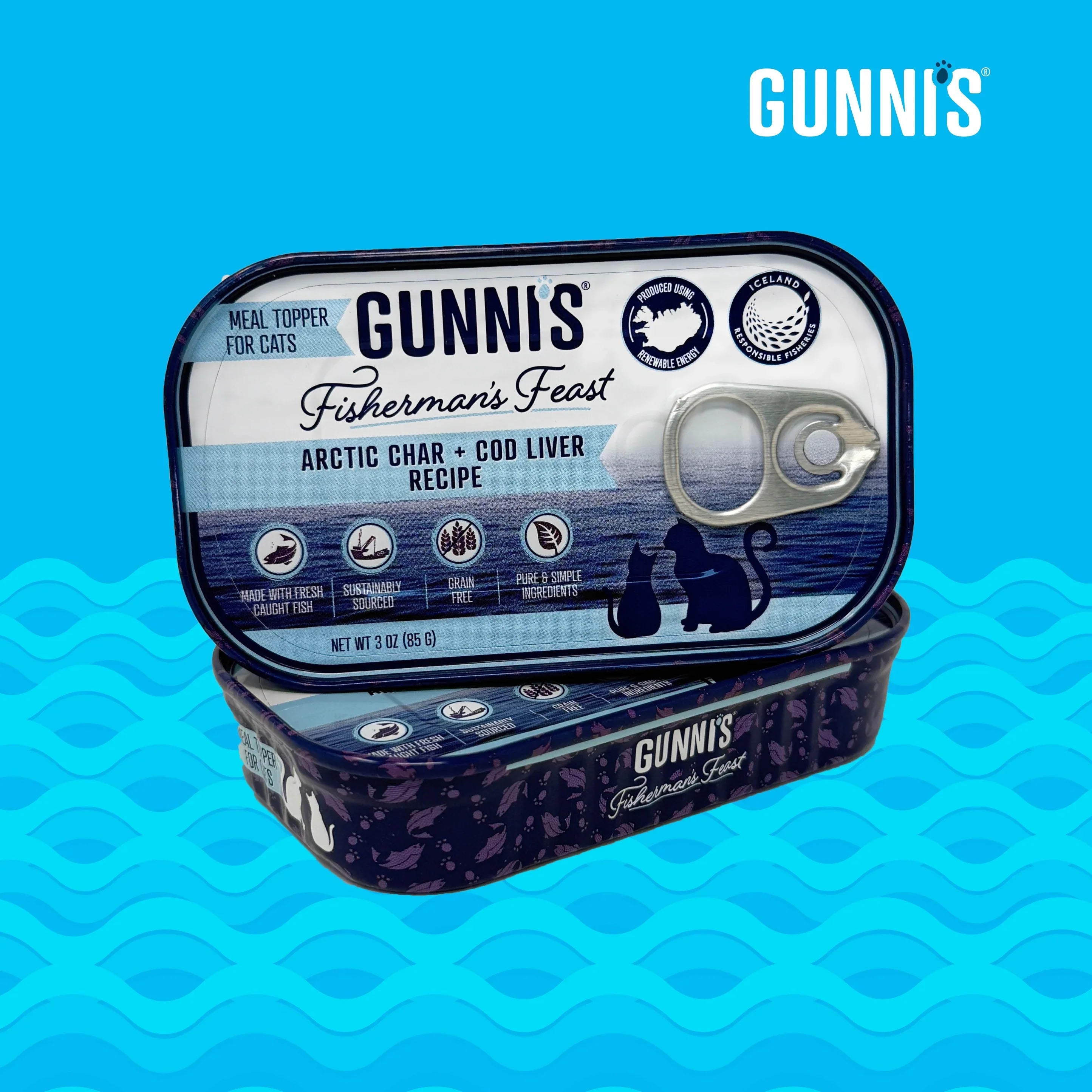 Garnitures alimentaires pour chats à base d'omble chevalier et de foie de morue de Gunni