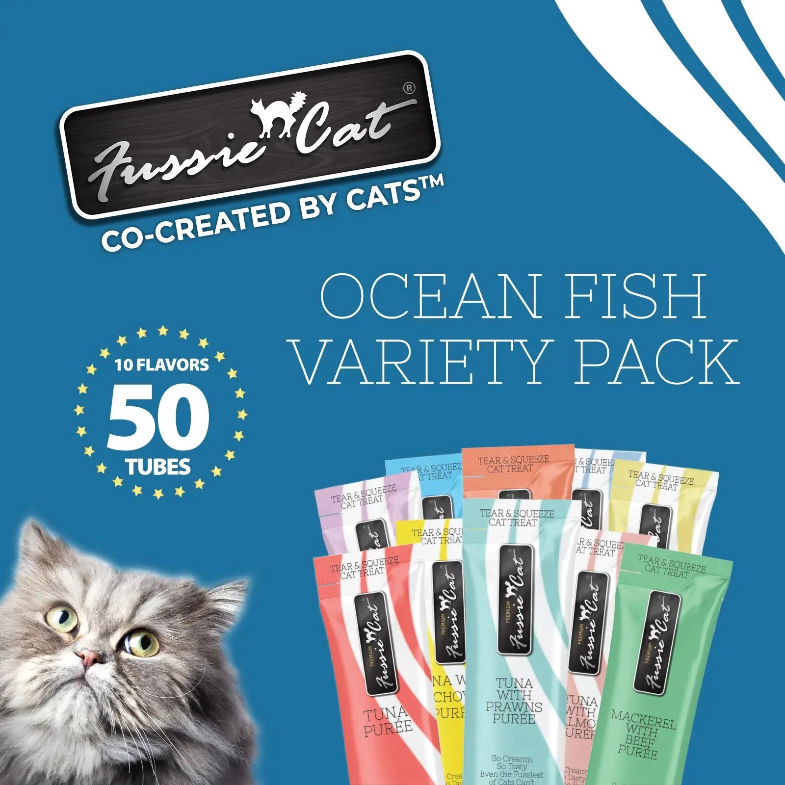 Fussie Cat – Ocean Fish Puree Variety Pack (10 Flavours) – 50 Tubes by Fussie Cat