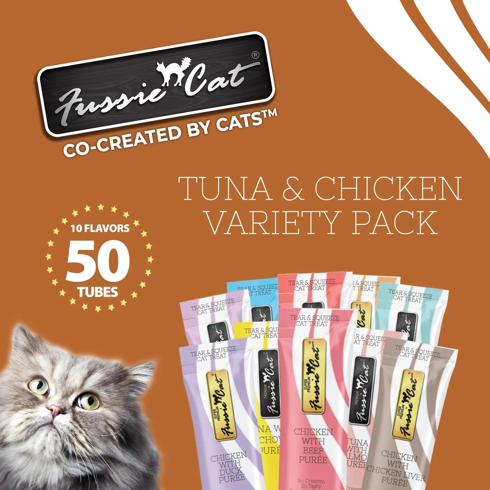 Fussie Cat – Tuna & Chicken Puree Variety Pack (10 Flavours) – 50 Tubes by Fussie Cat