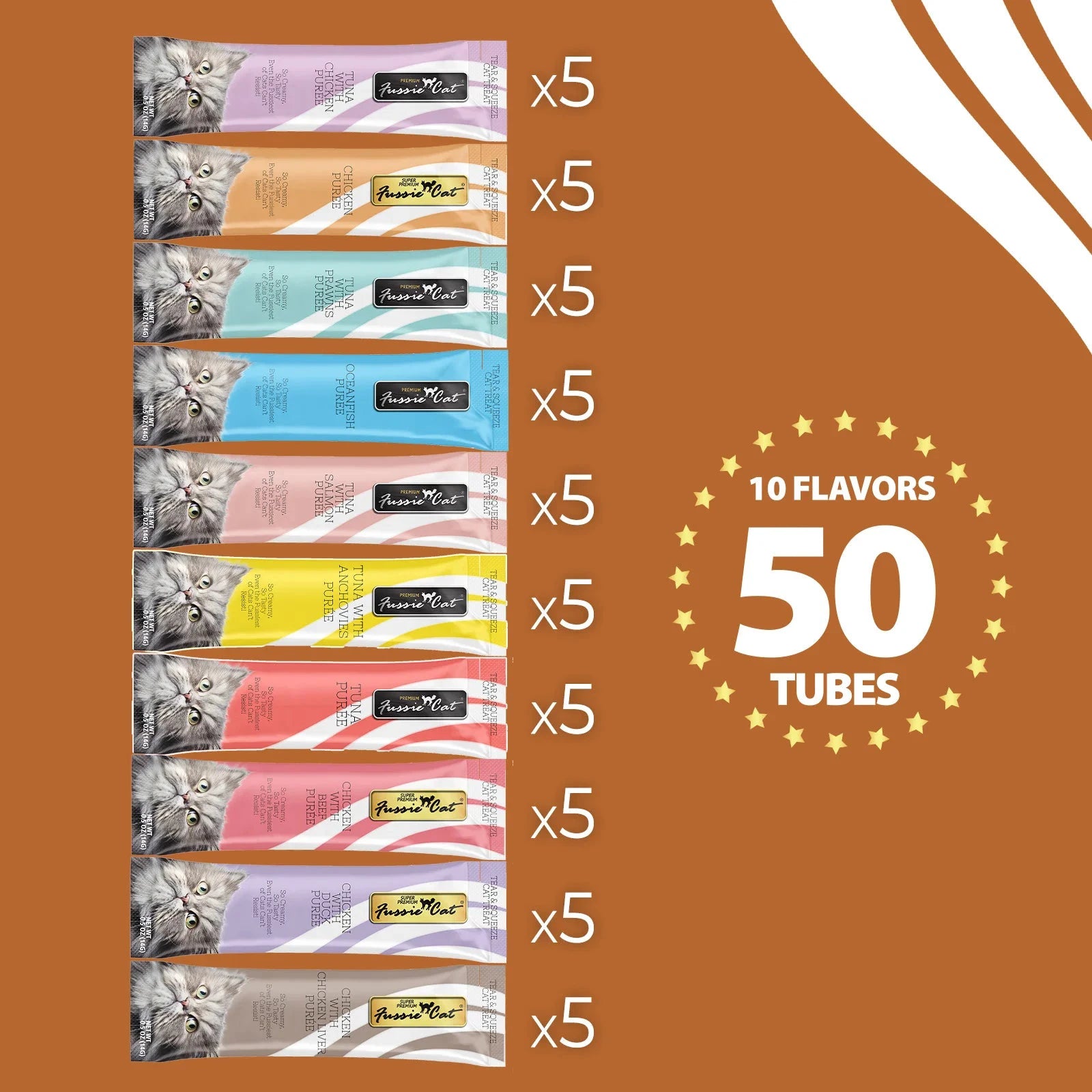 Fussie Cat – Tuna & Chicken Puree Variety Pack (10 Flavours) – 50 Tubes by Fussie Cat
