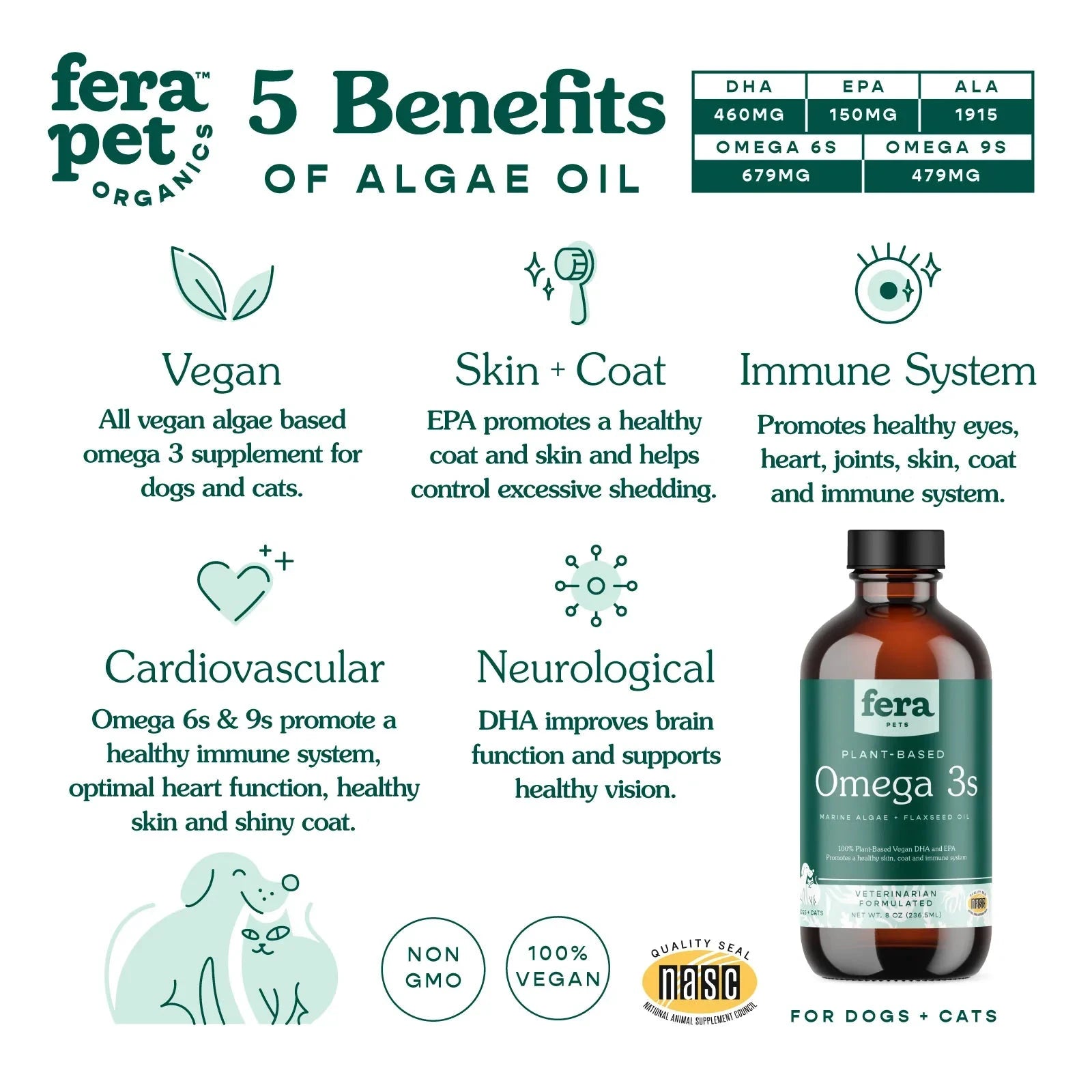 Fera Vegan Omega-3s Algae Oil for Dogs & Cats, Liquid – 8oz by Fera