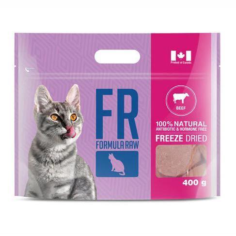Formula Raw Freeze-Dried Beef Cat Food 400g packaging featuring a cat and FR logo.