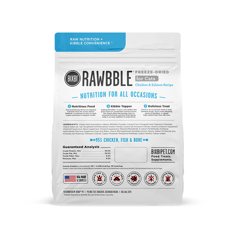 Nourriture lyophilisée pour chat Bixbi Rawbble - Recette poulet et saumon