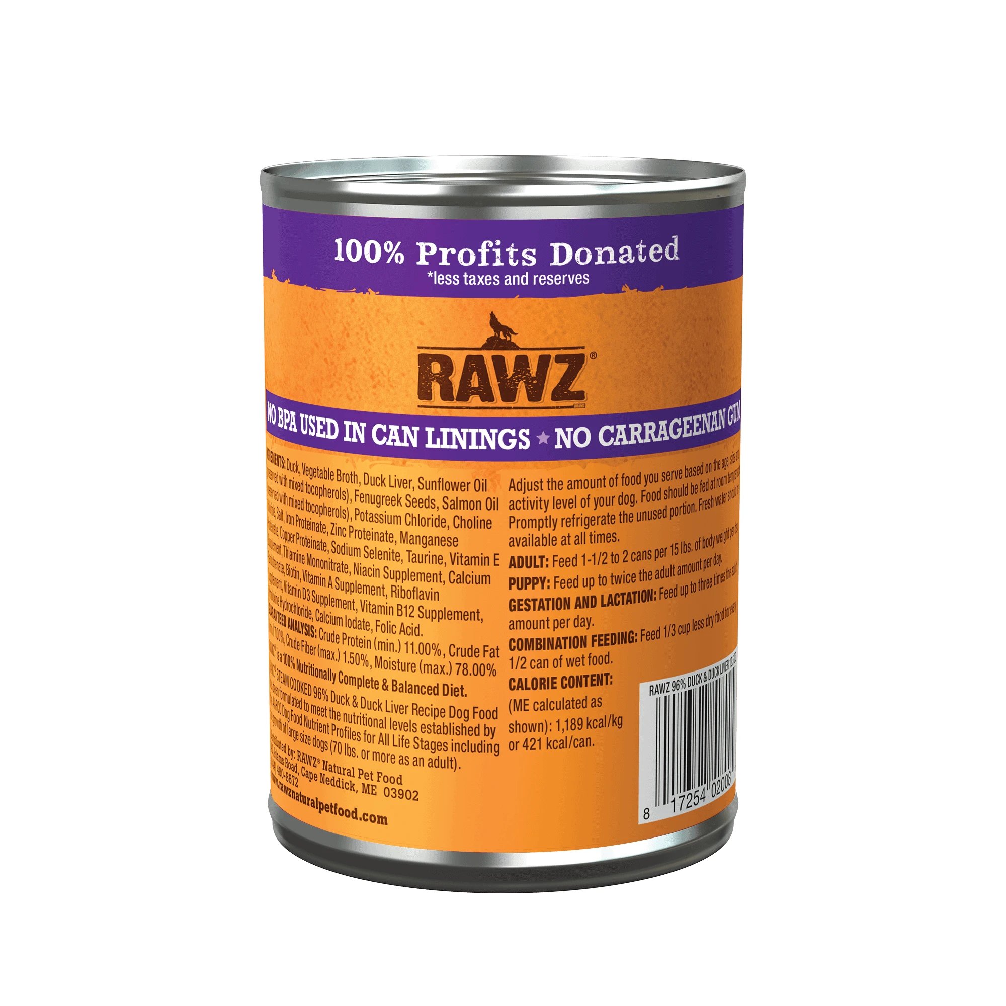 Nourriture pour chiens RAWZ 96 % au canard et au foie de canard