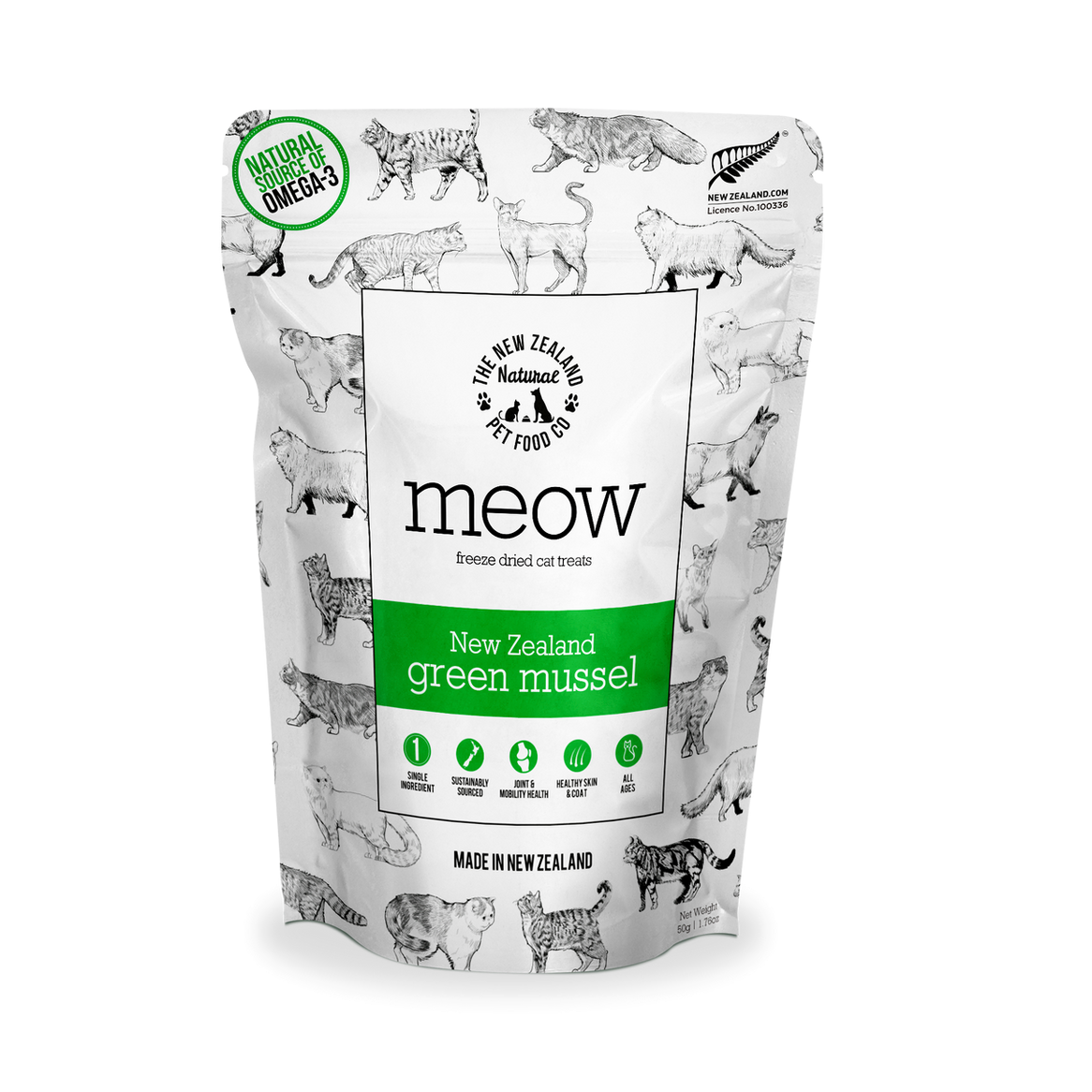 Meow Freeze Dried Cat Treats New Zealand Green Mussels 1.76oz/50g