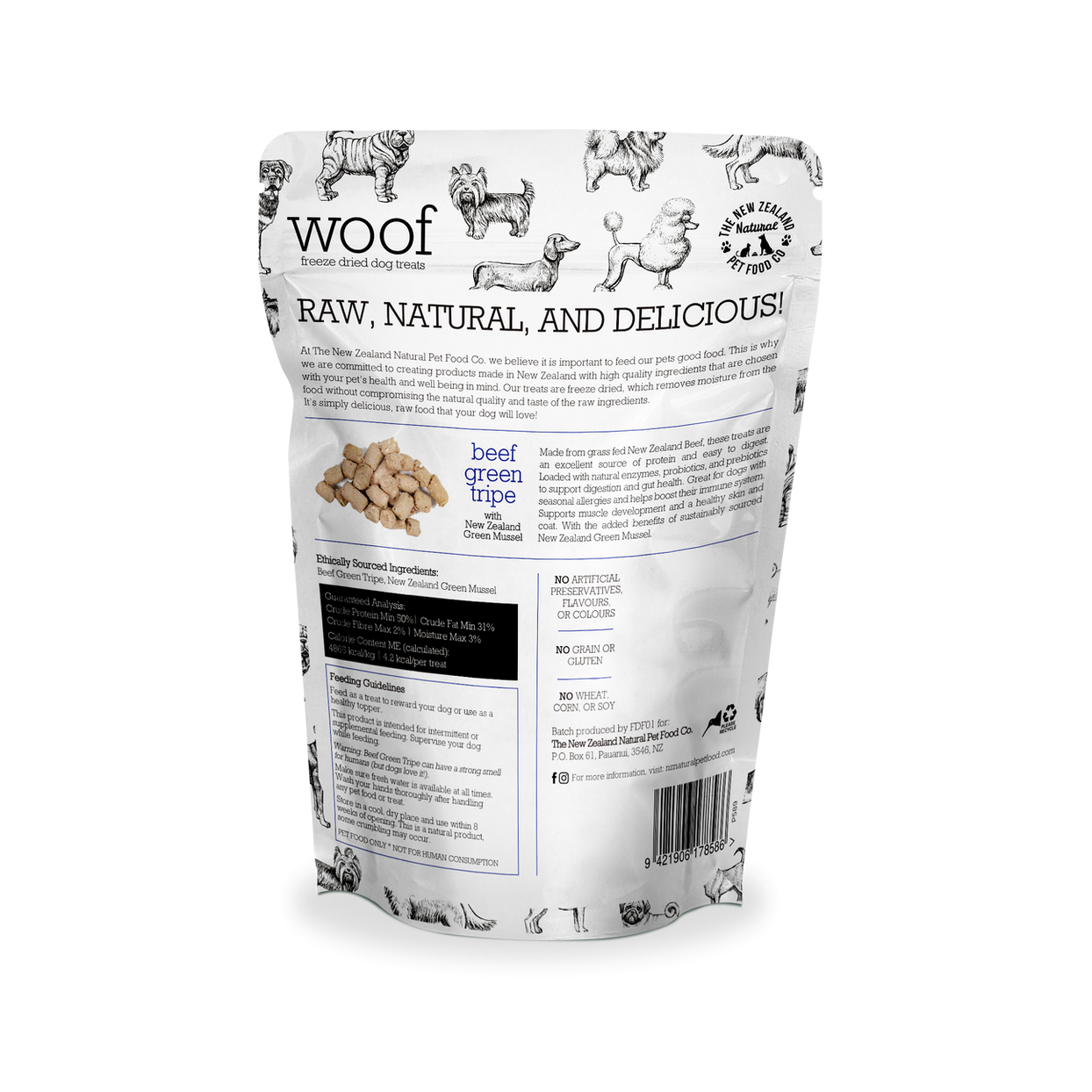 Woof Freeze Dried Dog Treats Beef Green Tripe with New Zealand Green Mussel