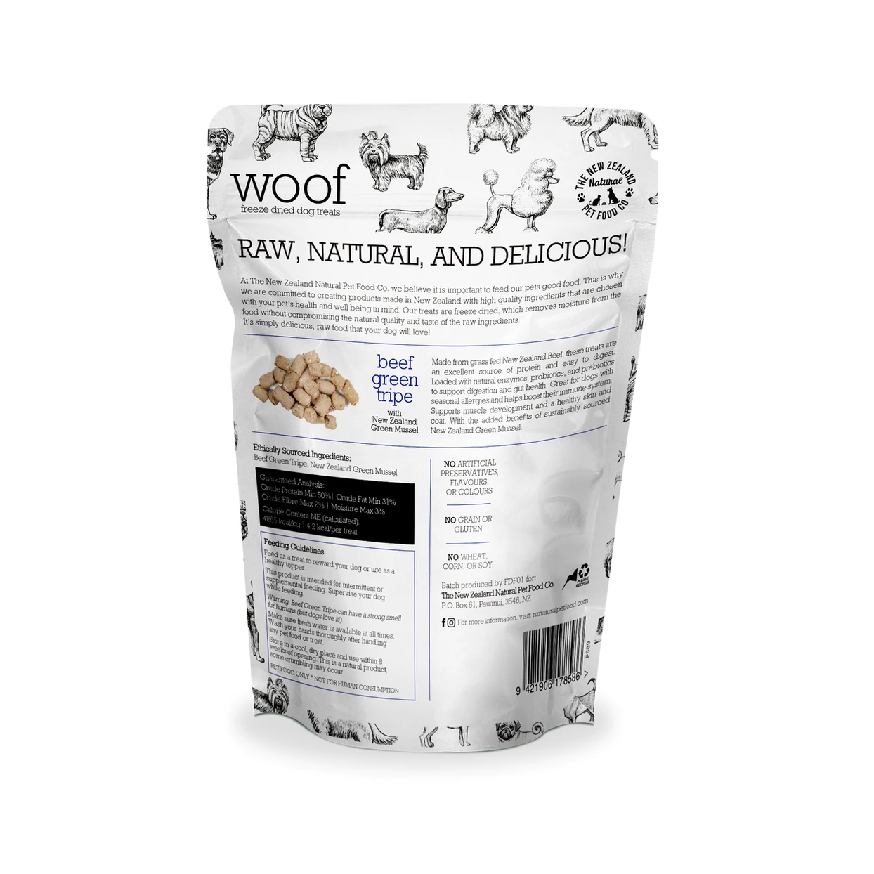 Woof Freeze Dried Dog Treats Beef Green Tripe with New Zealand Green Mussel by NZPF