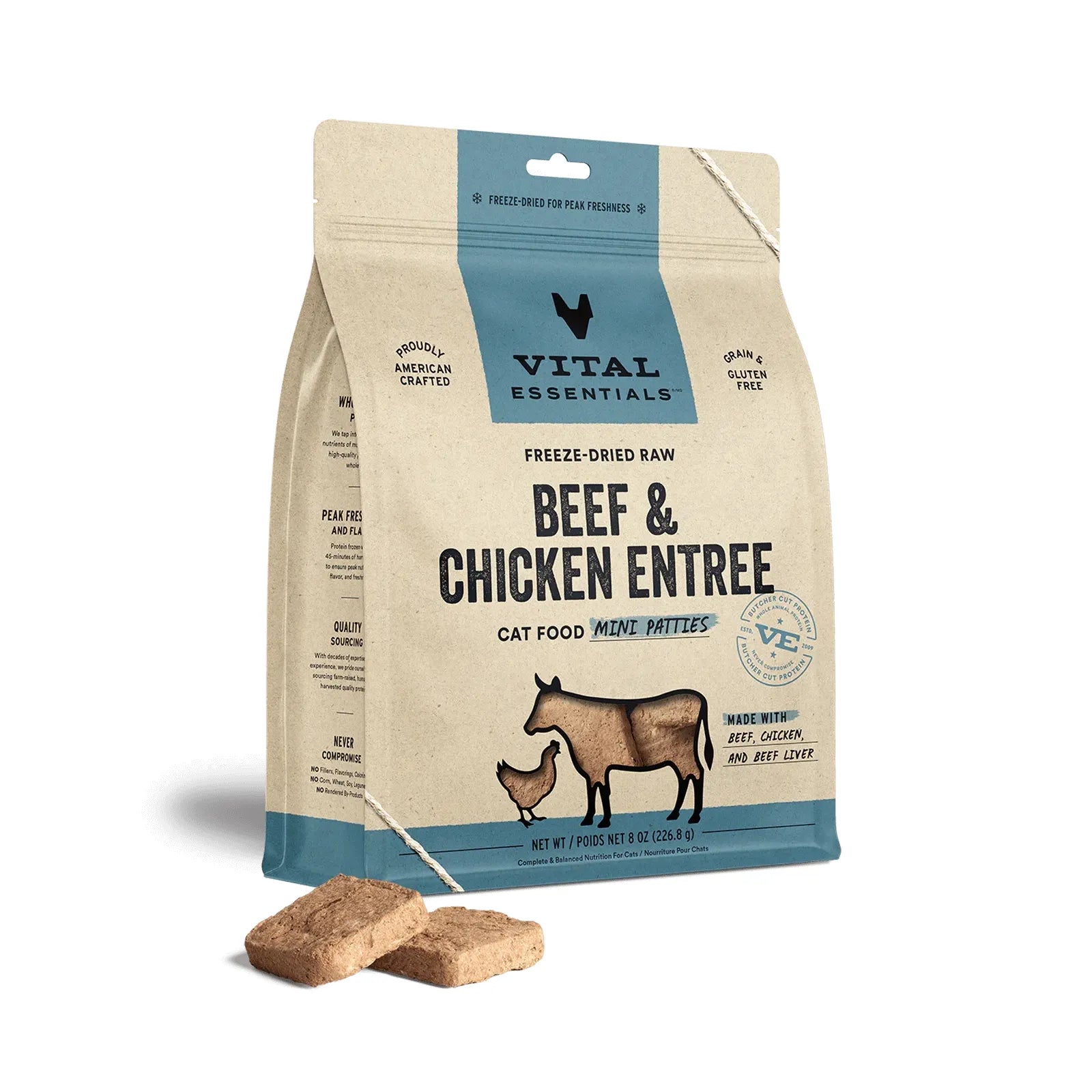 Vital Essentials® Freeze-Dried Raw Beef & Chicken Entree for Cats (Mini Nibs & Mini Patties)
