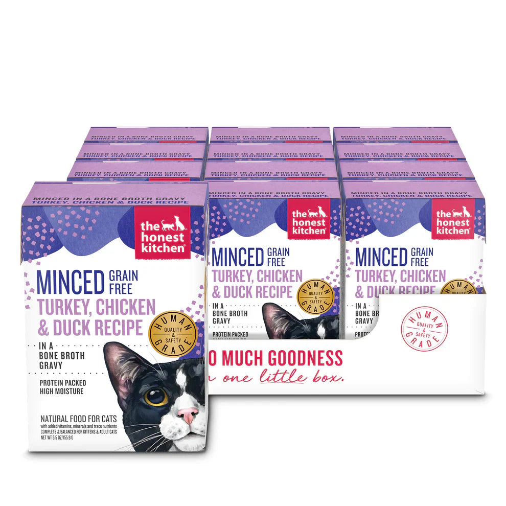 Nourriture humide pour chats The Honest Kitchen, recette de dinde, de poulet et de canard hachés sans céréales dans une sauce au bouillon d'os, 150 g