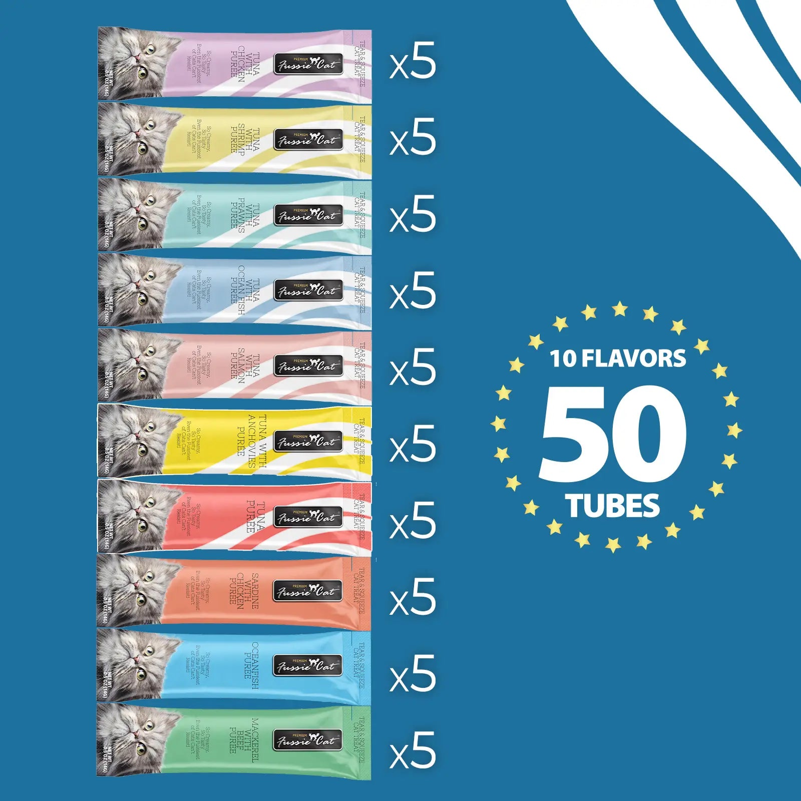 Fussie Cat – Ocean Fish Puree Variety Pack (10 Flavours) – 50 Tubes