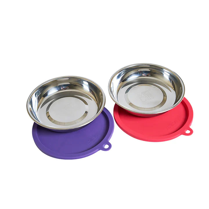 Messy Cats-  4Pc Set - 2 Stainless Saucer Bowls and Lids, Watermelon/Purple