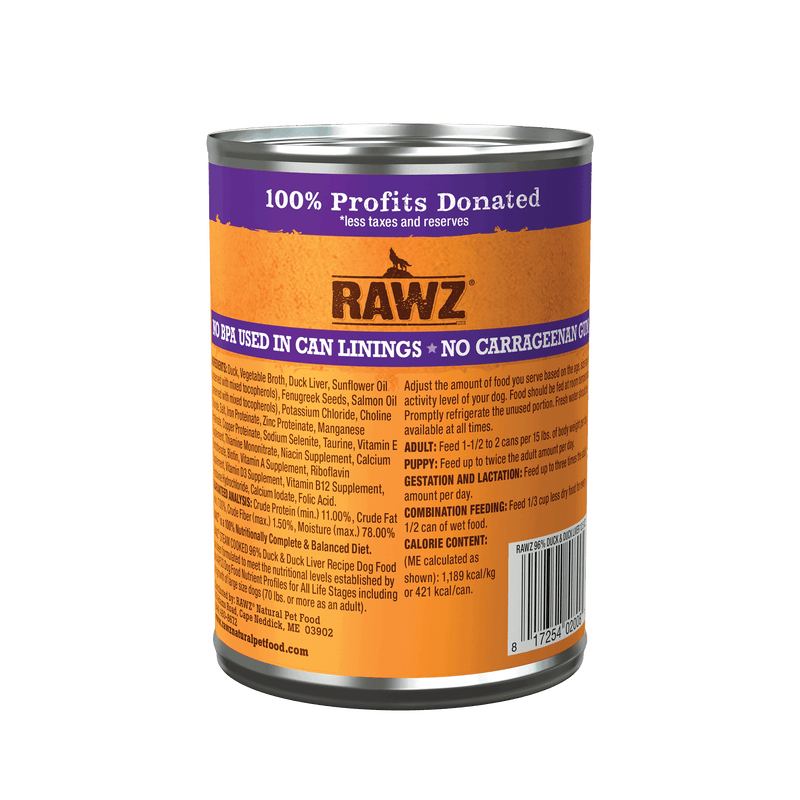 RAWZ - 96% Duck & Duck Liver Wet Dog Food 12.5oz