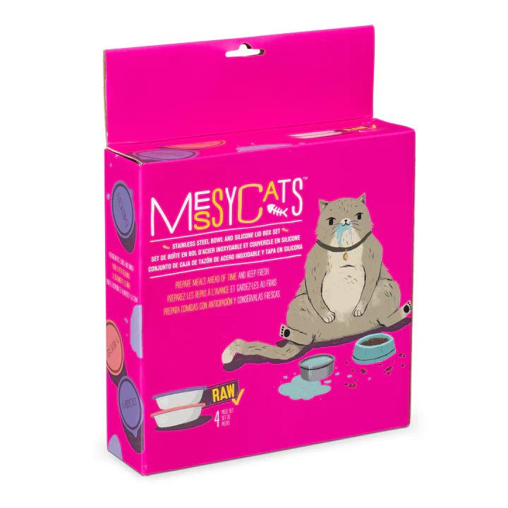 Messy Cats-  4Pc Set - 2 Stainless Saucer Bowls and Lids, Watermelon/Purple