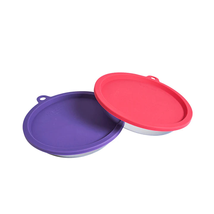 Messy Cats-  4Pc Set - 2 Stainless Saucer Bowls and Lids, Watermelon/Purple